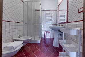 Shower, hair dryer, bidet, towels