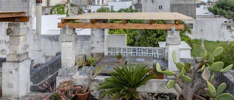 A rooftop garden with potted plants, a wooden pergola, and a view of surrounding buildings.