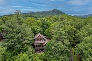 A two-story cabin surrounded by dense forest, with a mountain in the background.