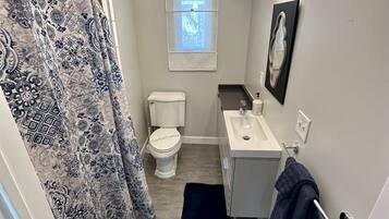 Une salle de bain avec un rideau de douche, des toilettes, un lavabo et une fenêtre.