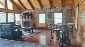 Smart TV, fireplace, foosball