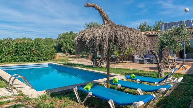 A swimming pool with lounge chairs and a thatched structure.
