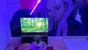 A room with a flat-screen TV on a wooden stand, a small table with a vase and a remote control, and a wall mural.