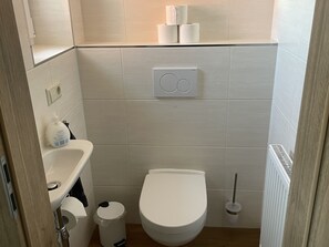 A small, clean bathroom with a toilet, sink, and trash bin. There are toilet paper rolls on the wall and a hand soap dispenser on the sink. - Maisonette Wohnung mit Dachterasse (Dresden)