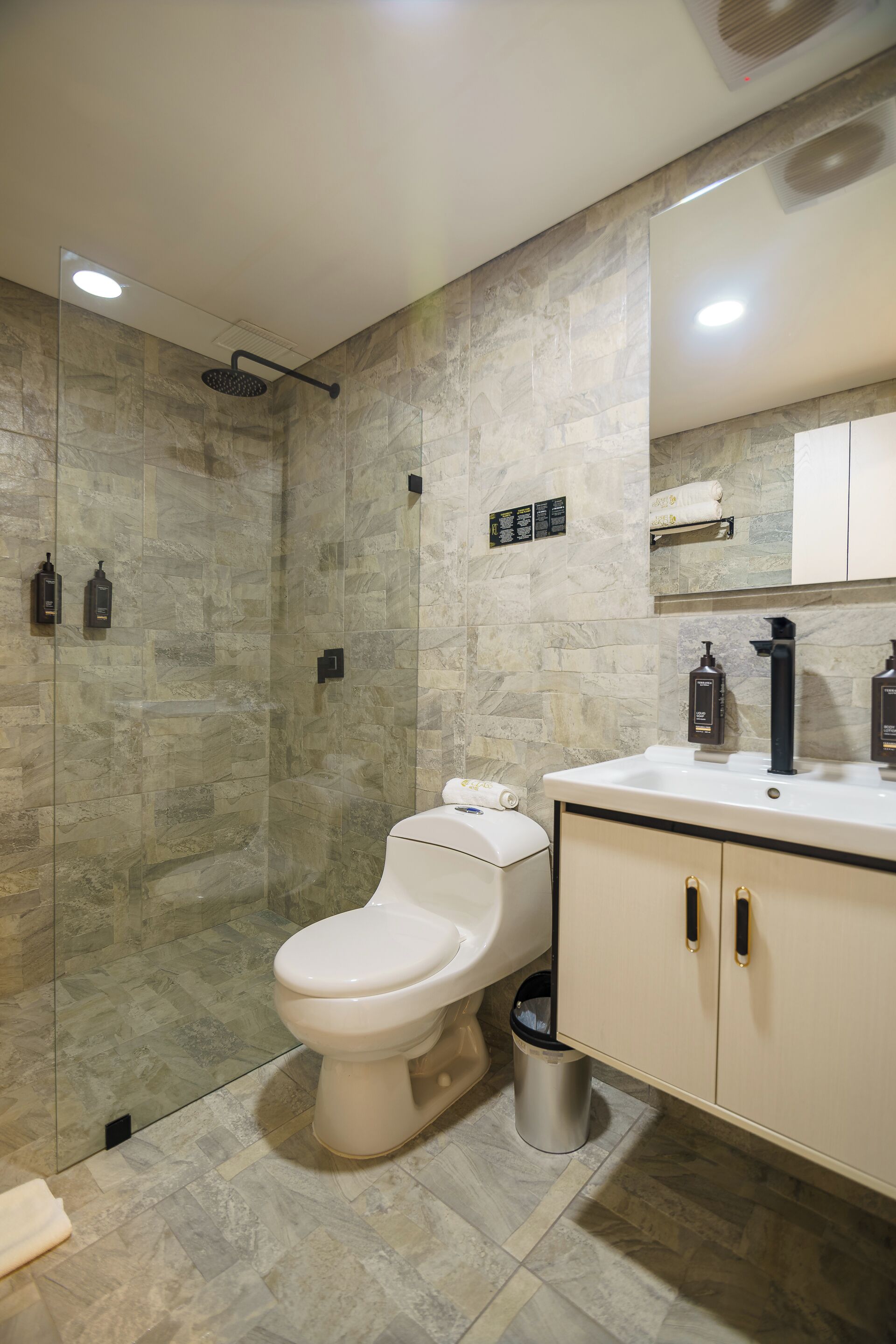 A modern bathroom with a glass-enclosed shower, a white toilet, a sink with a black faucet, and a mirror above the sink.