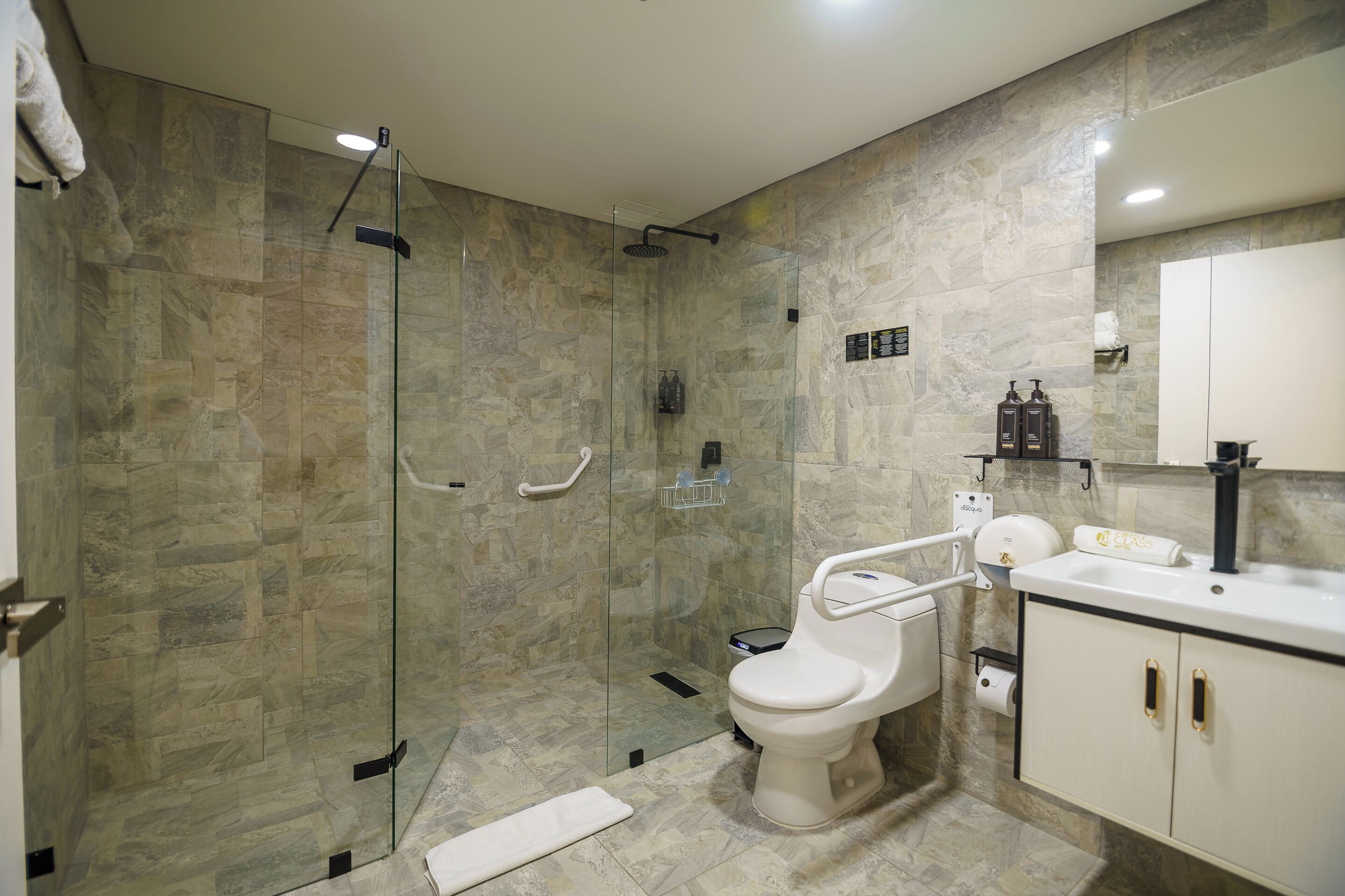 A modern bathroom with a glass-enclosed shower, a white toilet with a handrail, and a sink with a mirror above.