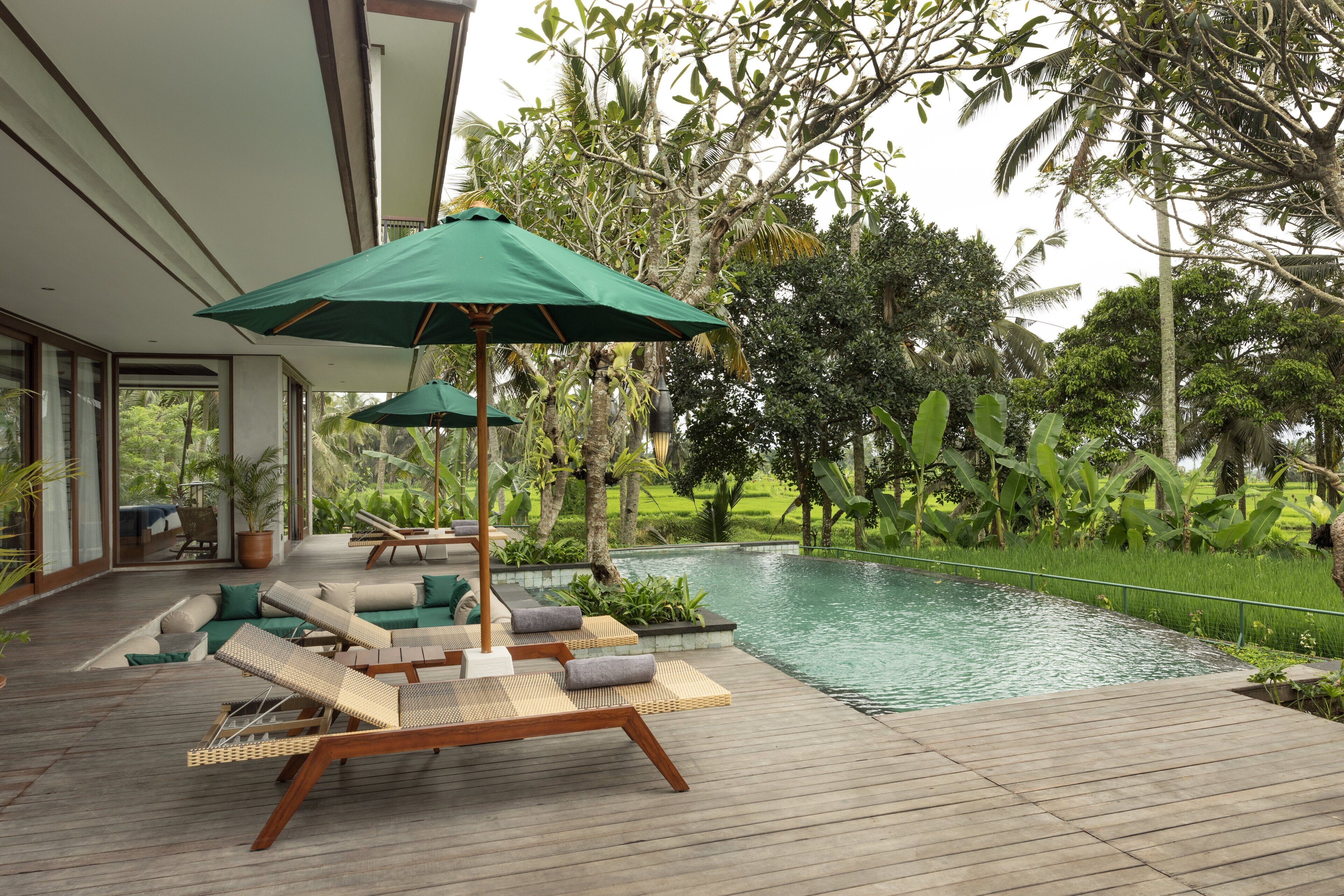 A wooden deck with lounge chairs and umbrellas, overlooking a pool and lush greenery.