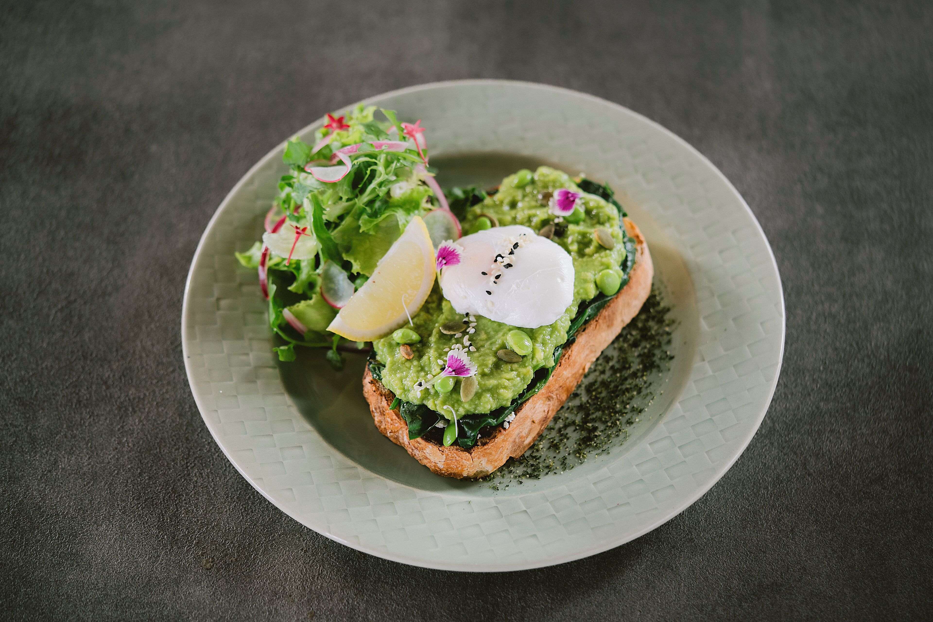 Une assiette sur laquelle se trouve un sandwich garni d’avocat, de légumes verts et d’un ingrédient blanc, probablement du fromage, le tout présenté sur une assiette blanche texturée.