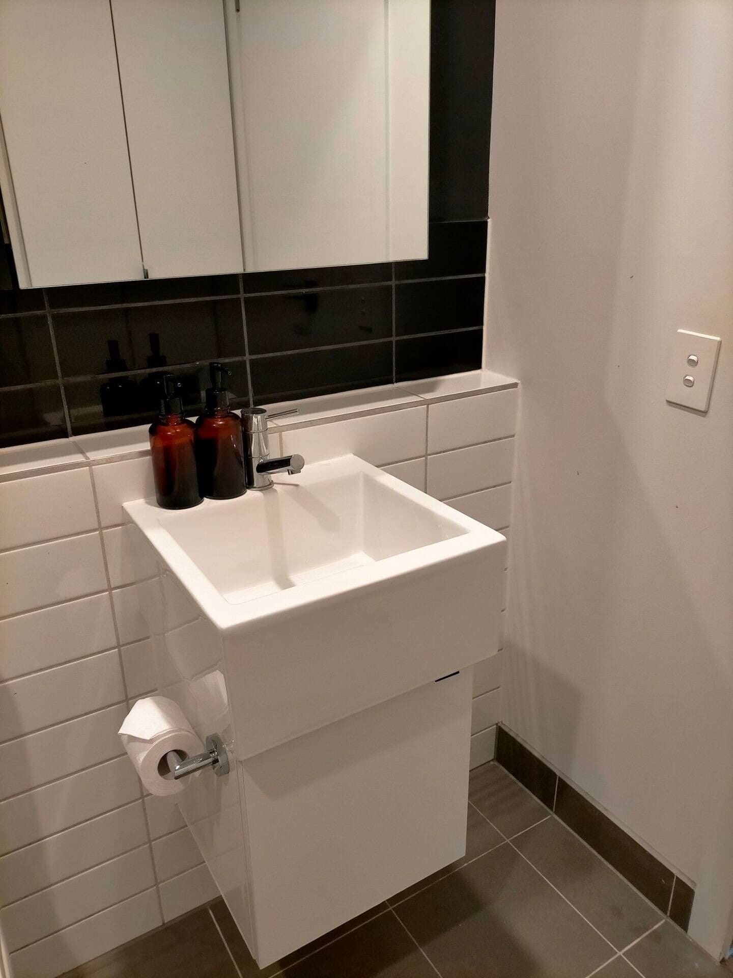 Hair dryer, towels, soap, toilet paper