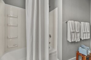 Hair dryer, towels, soap, shampoo
