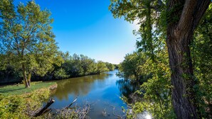 A river surrounded by trees and greenery.