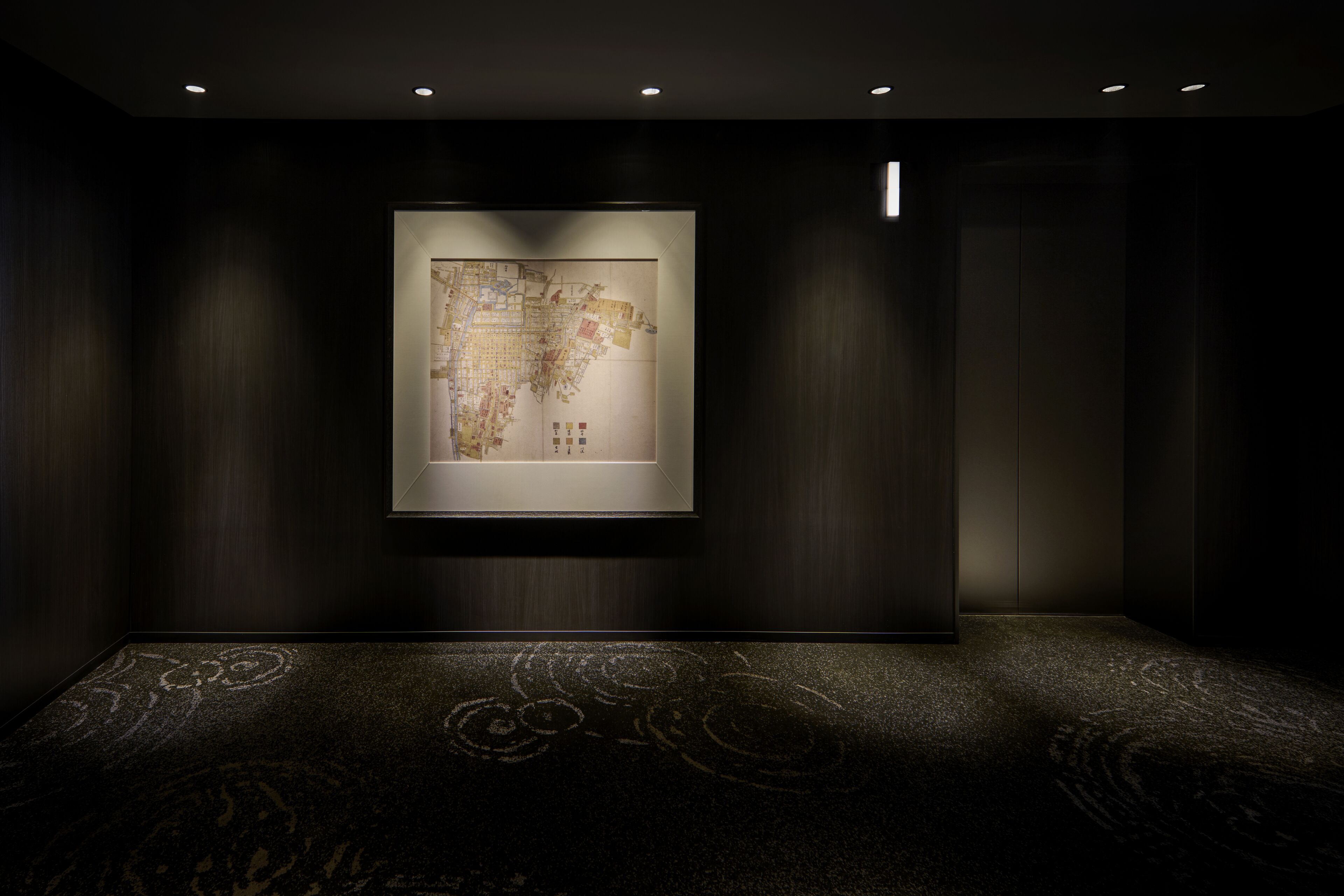 A dark room with a framed map on the wall and a patterned carpet.
