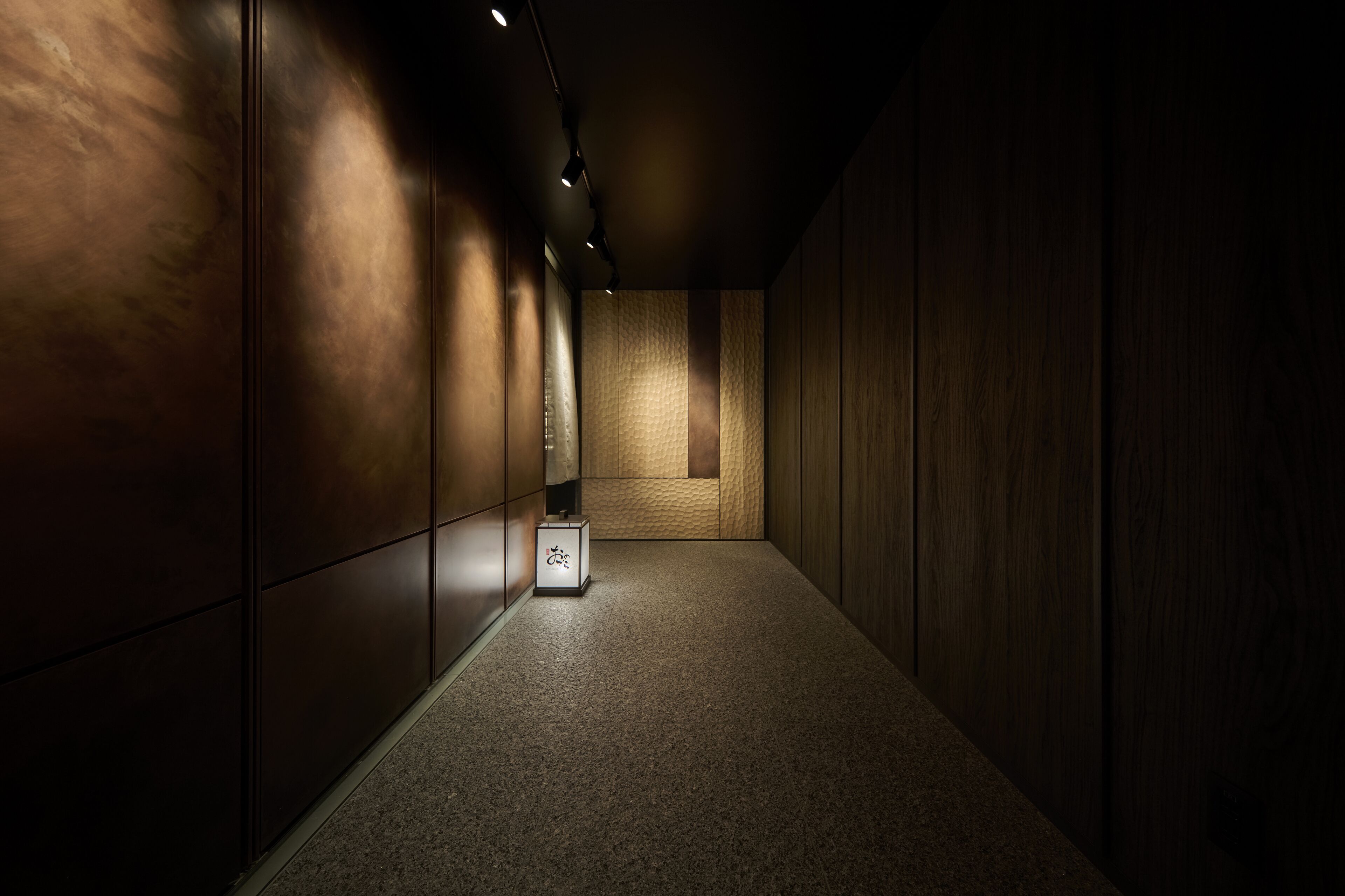 Un pasillo estrecho con paneles de madera y suelo alfombrado, que conduce a una habitación con pared texturizada y una pequeña caja en el suelo.