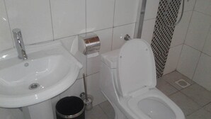 Kylpyhuone, jossa on valkoinen pesuallas, wc ja roskakori.