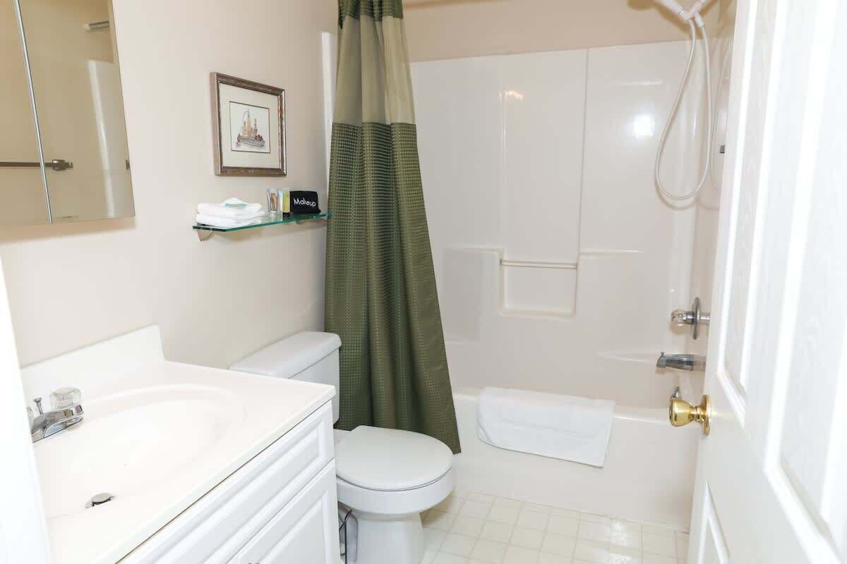Shower, hair dryer, shampoo