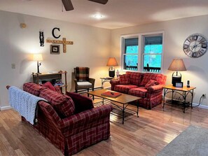 Smart TV, fireplace, DVD player, books