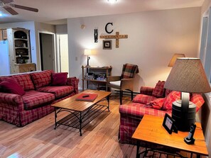 Smart TV, fireplace, DVD player, books