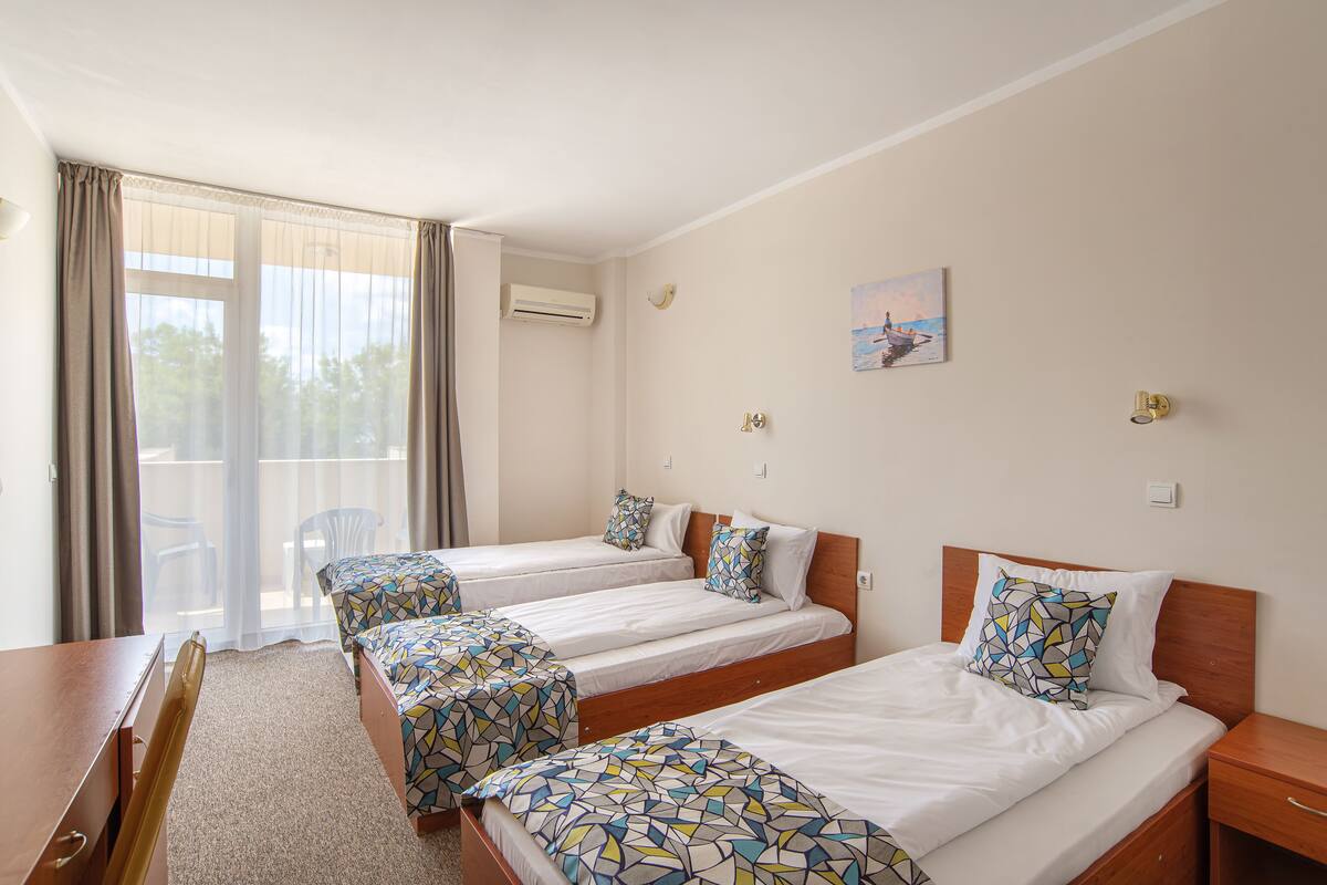 1 bedroom, desk, blackout curtains, iron/ironing board