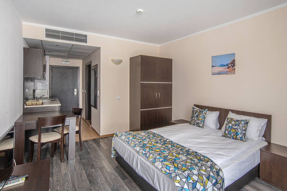 1 bedroom, desk, blackout curtains, iron/ironing board