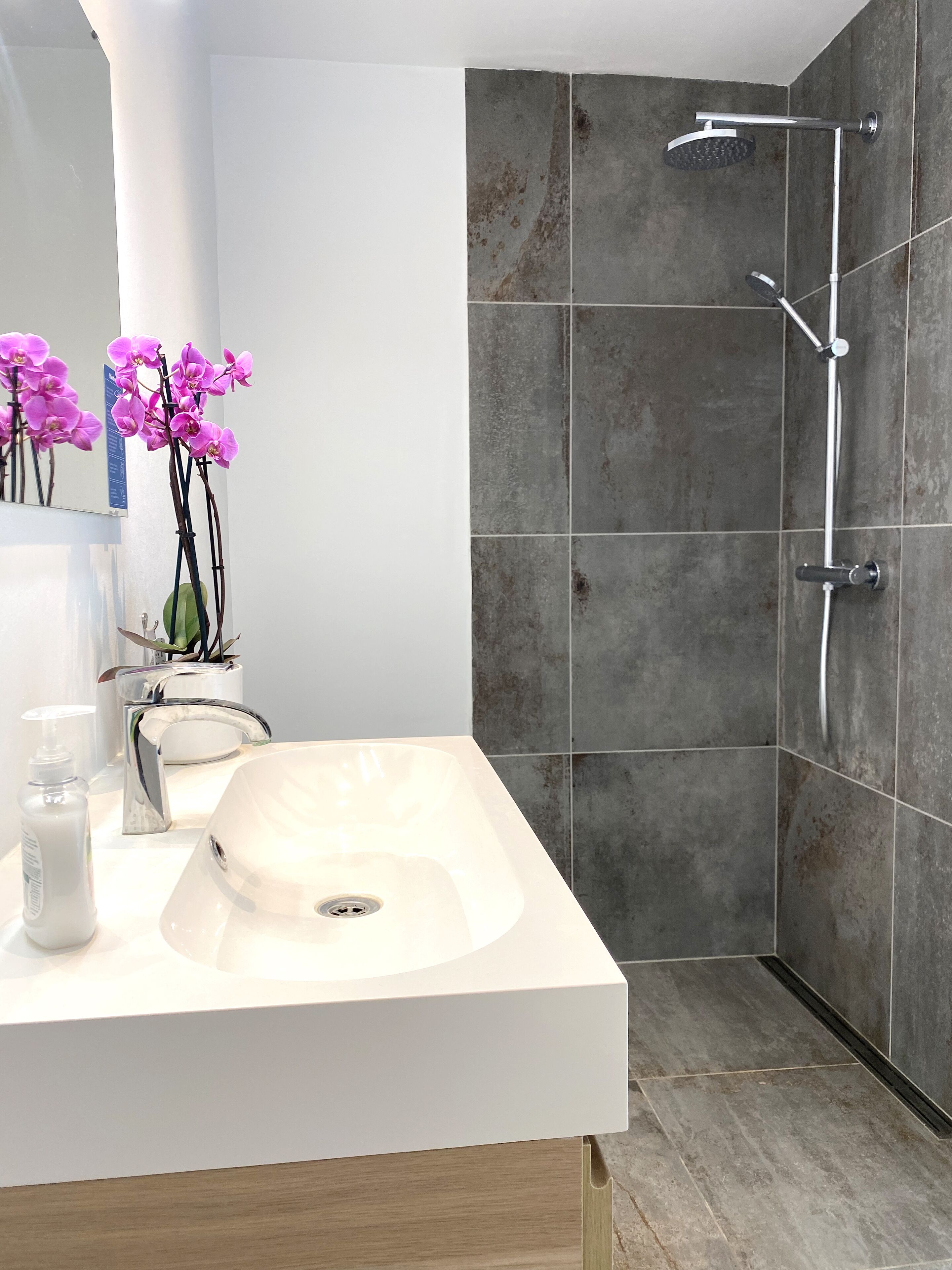 Ein modernes Badezimmer mit einem weißen Waschbecken, einer Duschbrause und einer Topfpflanze mit Orchideen.