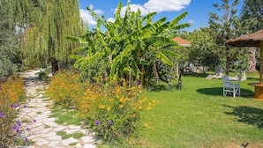 A garden with a stone pathway, banana trees, and a thatched-roof structure. - Stavlos Cottage - Apartment Ground Floor 1 (Lefkada)