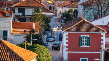 Una calle estrecha flanqueada por edificios tradicionales, algunos con tejados de tejas rojas y otros con paredes blancas.