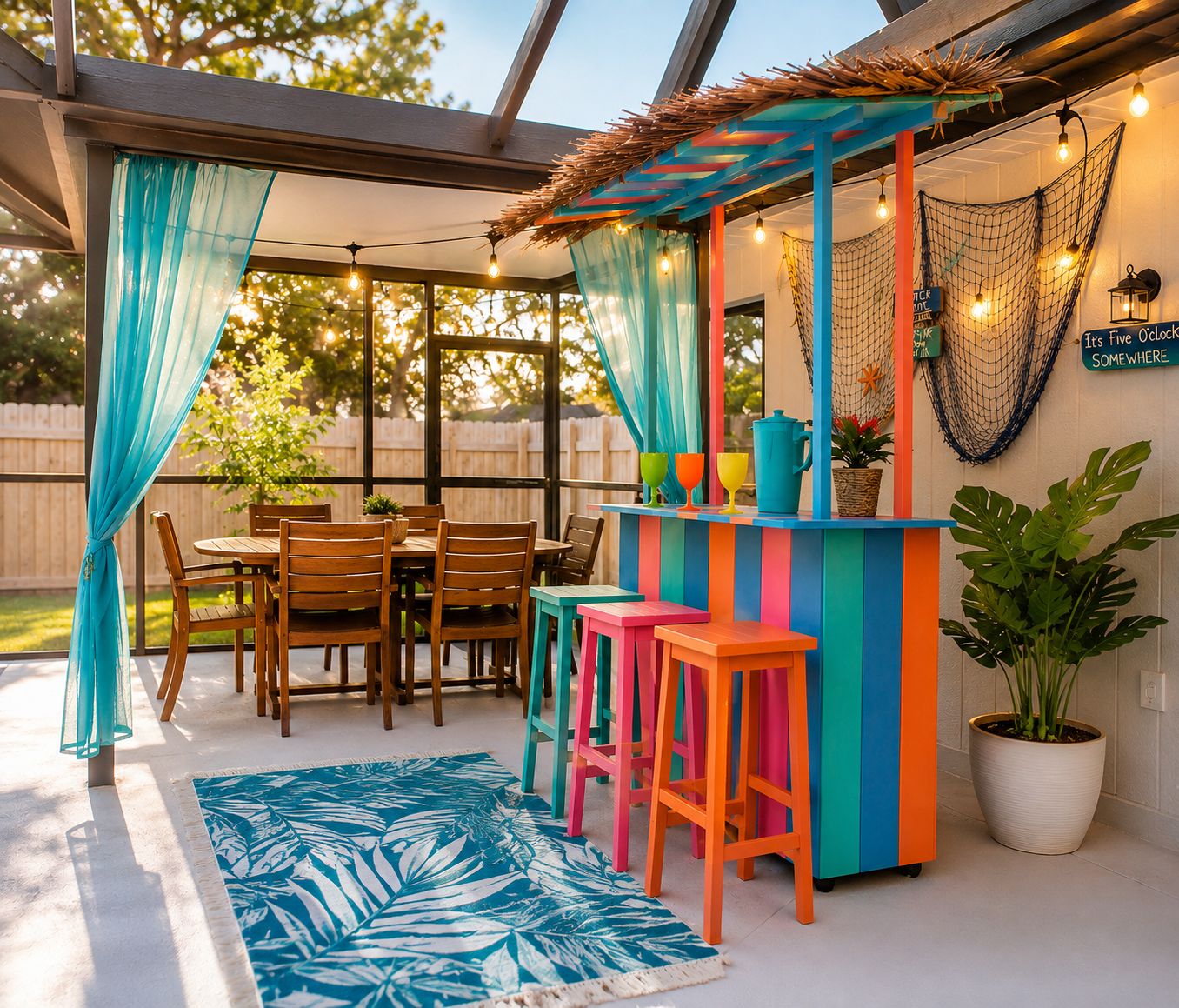 An outdoor patio with a wooden table and chairs, a colorful bar area, and a potted plant.