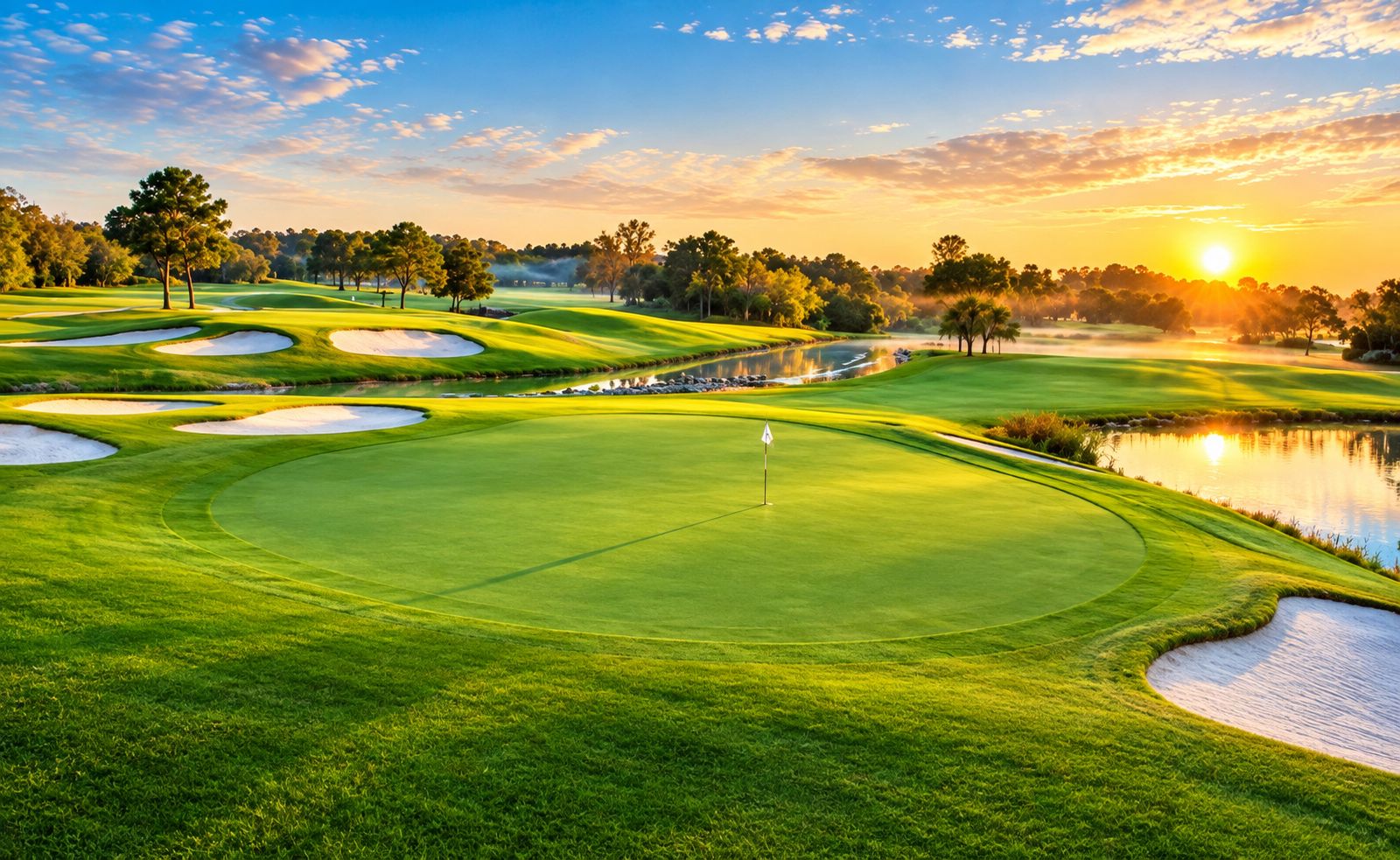 A golf course with sand bunkers, a water hazard, and a flagstick.