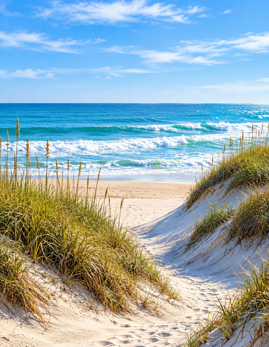 A sandy beach path leading to the ocean with waves, surrounded by grassy dunes.