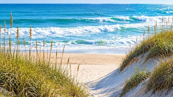 A sandy beach path leading to the ocean with waves, surrounded by grassy dunes.