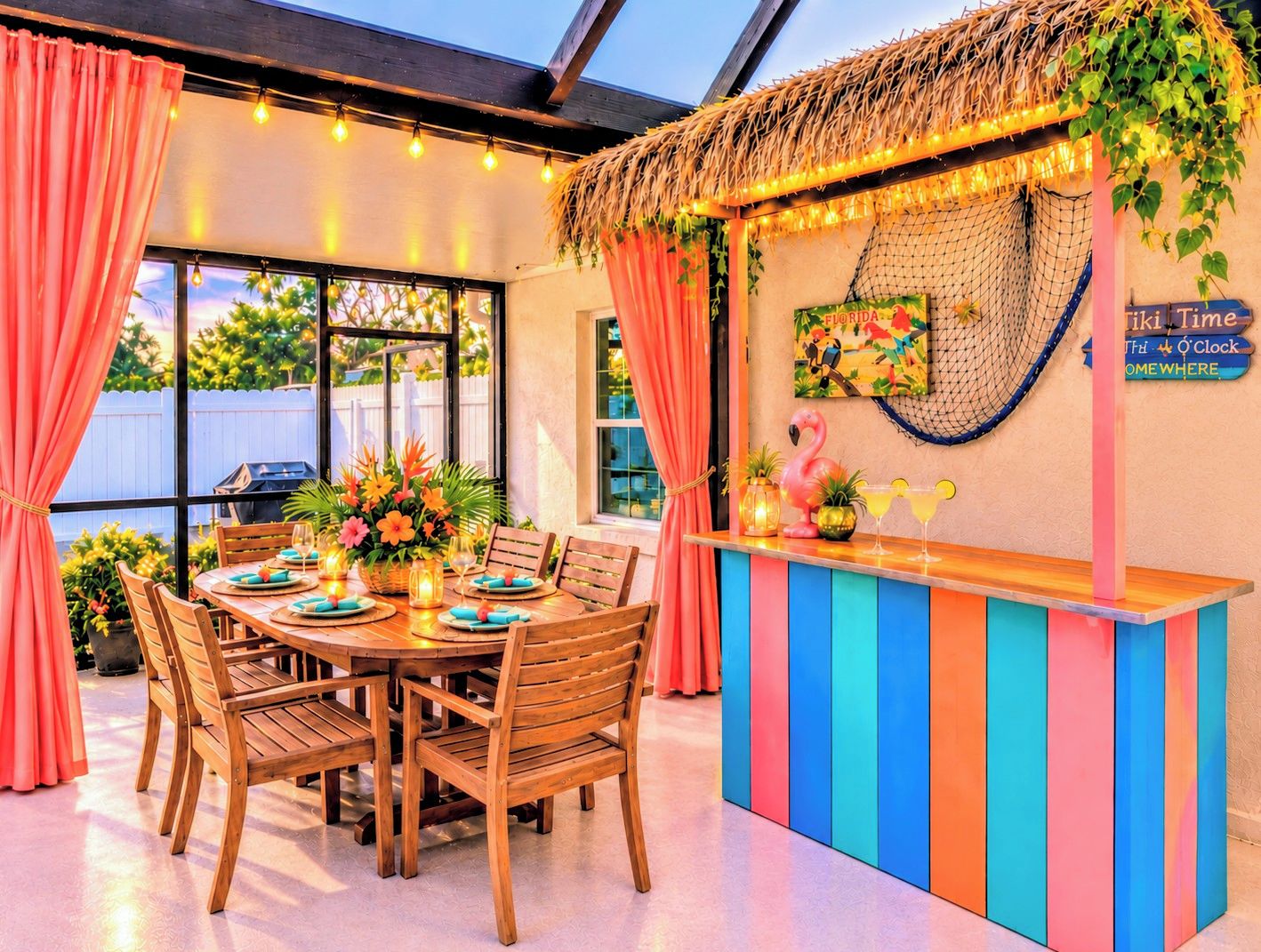 Un comedor con una mesa redonda de madera, sillas y un mostrador a rayas de colores bajo un techo de paja.