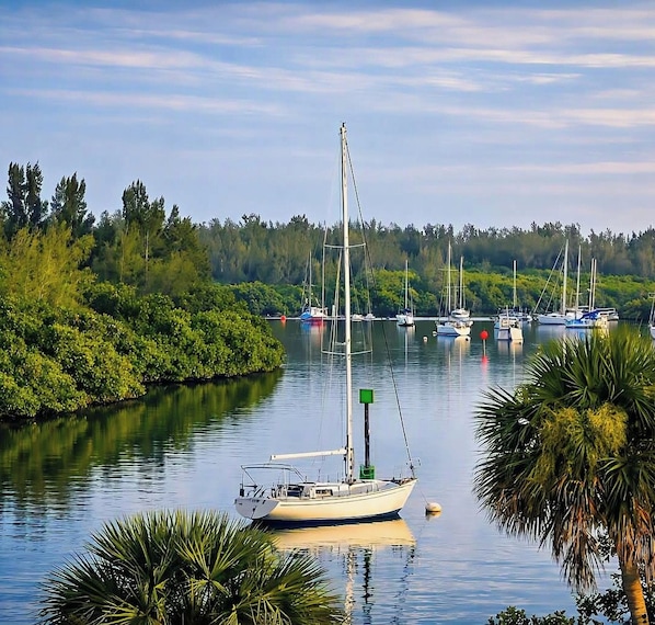 Een rustige haven met een zeilboot afgemeerd aan de oever, omgeven door weelderige begroeiing en andere boten.