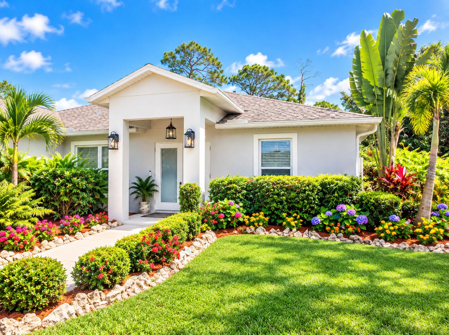 A single-story house with a white exterior, a front porch, and a well-maintained garden with various plants and flowers.