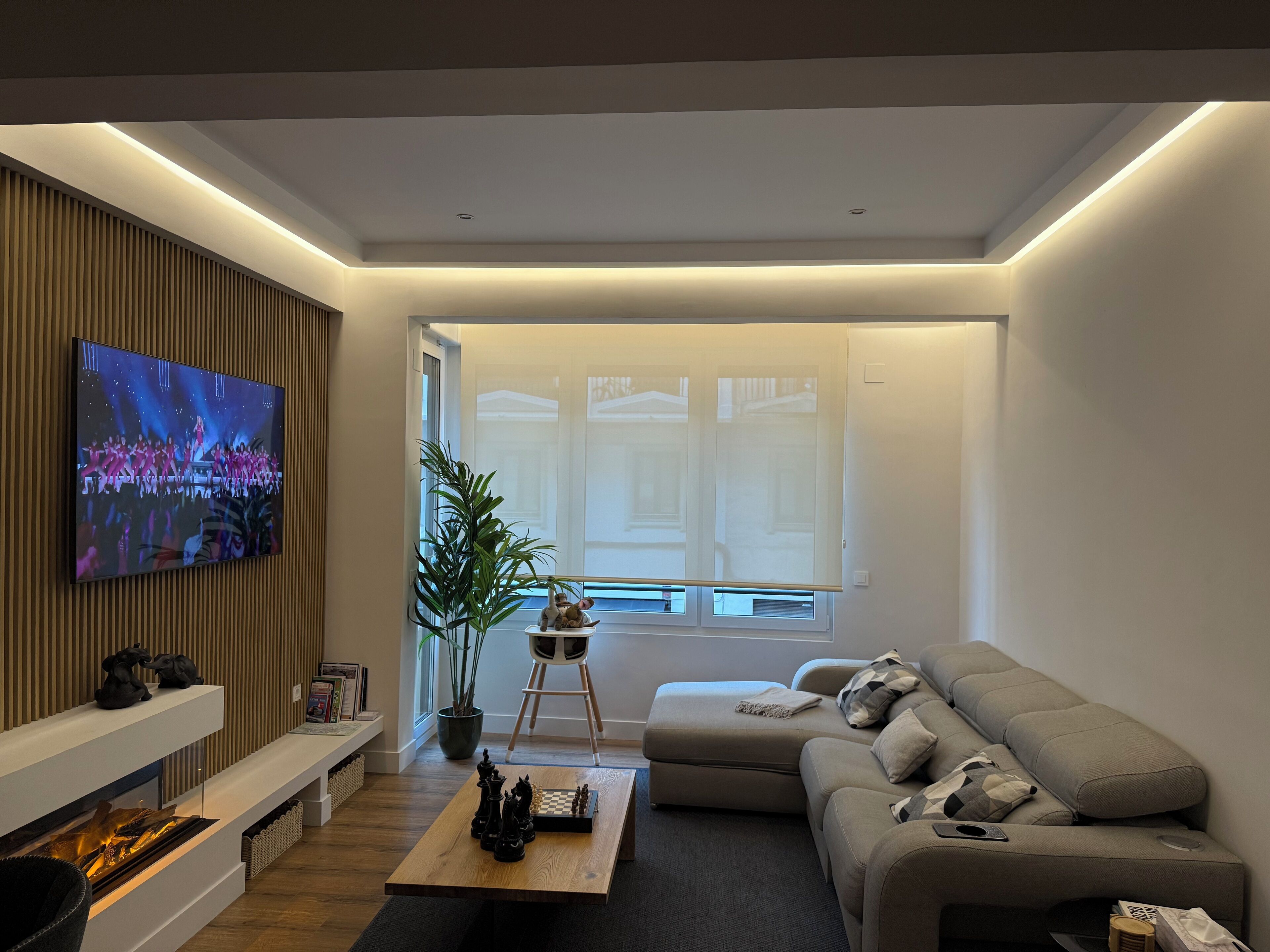 Smart TV, chimenea y libros 