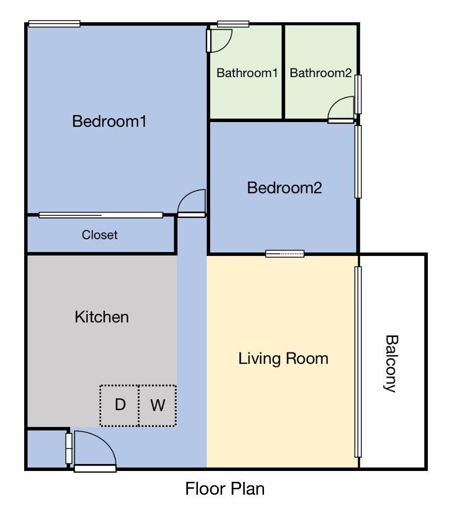Un plan d’étage comprenant deux chambres, deux salles de bain, une cuisine, un salon, un balcon et un placard.