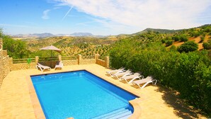 A swimming pool with lounge chairs and a stone wall, surrounded by greenery and hills.