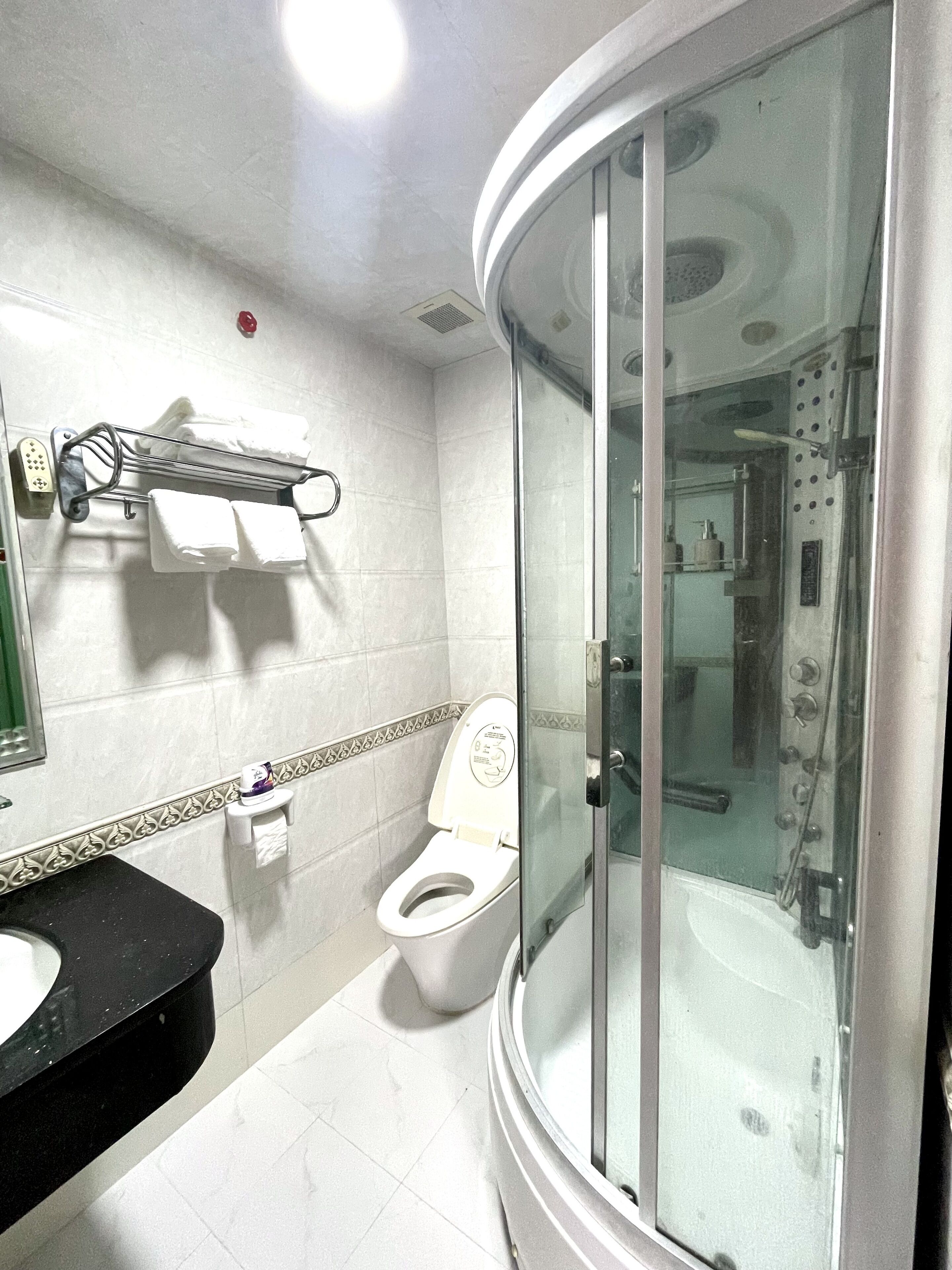 Un baño con inodoro, lavabo y cabina de ducha acristalada.