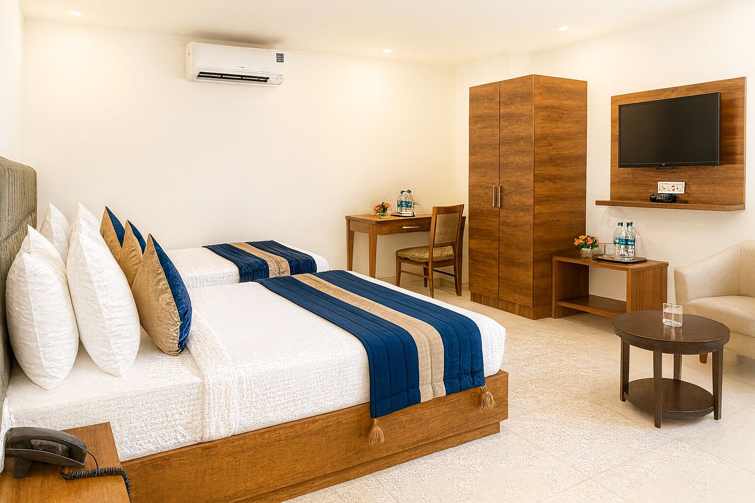 A hotel room with a bed, a desk, a TV, and a chair.