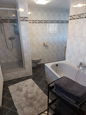 Secador de cabelo, toalhas de banho, sabonete 