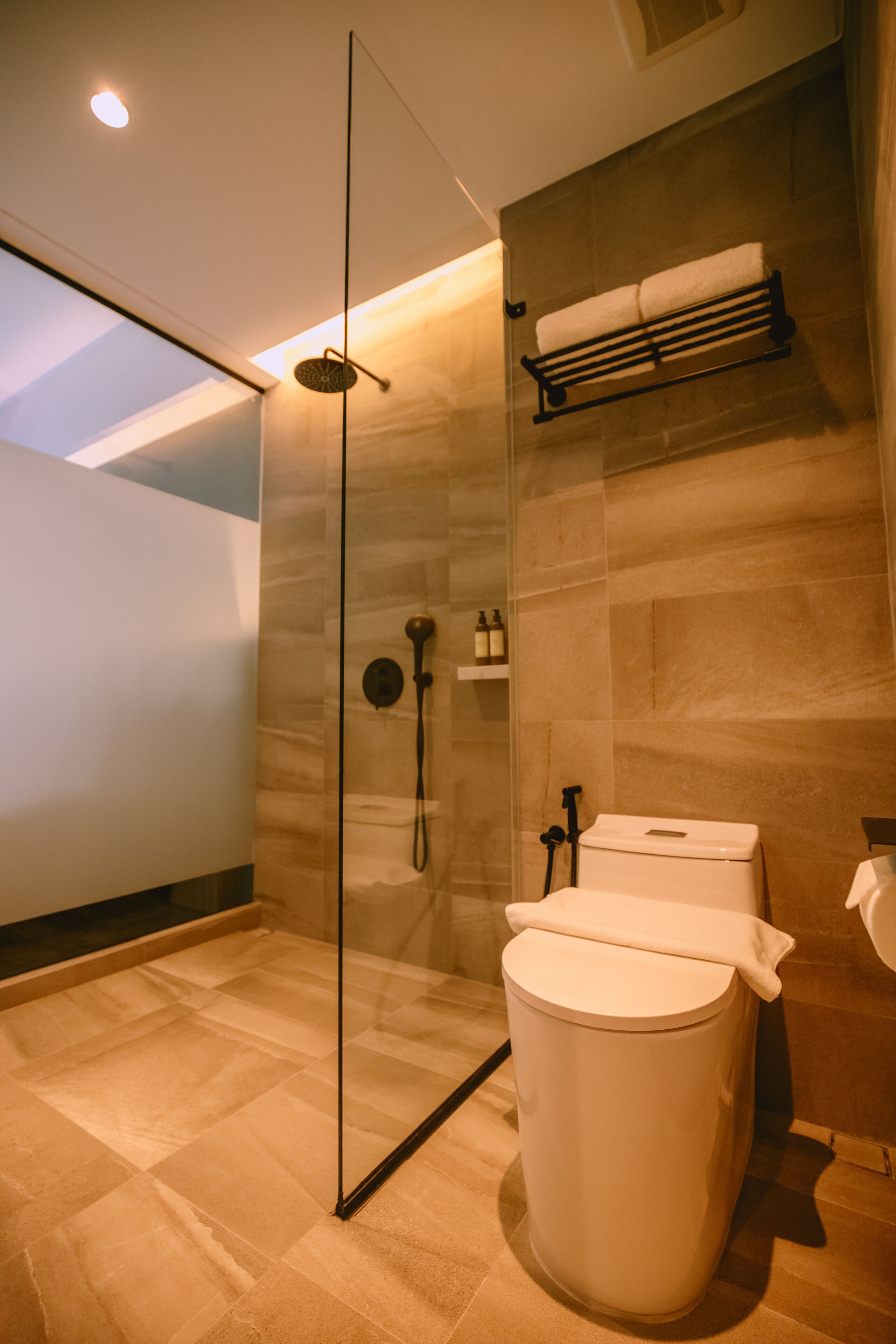 A modern bathroom with a glass-enclosed shower, a toilet, and a towel rack on the wall.