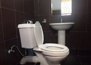Shower, towels, soap, toilet paper