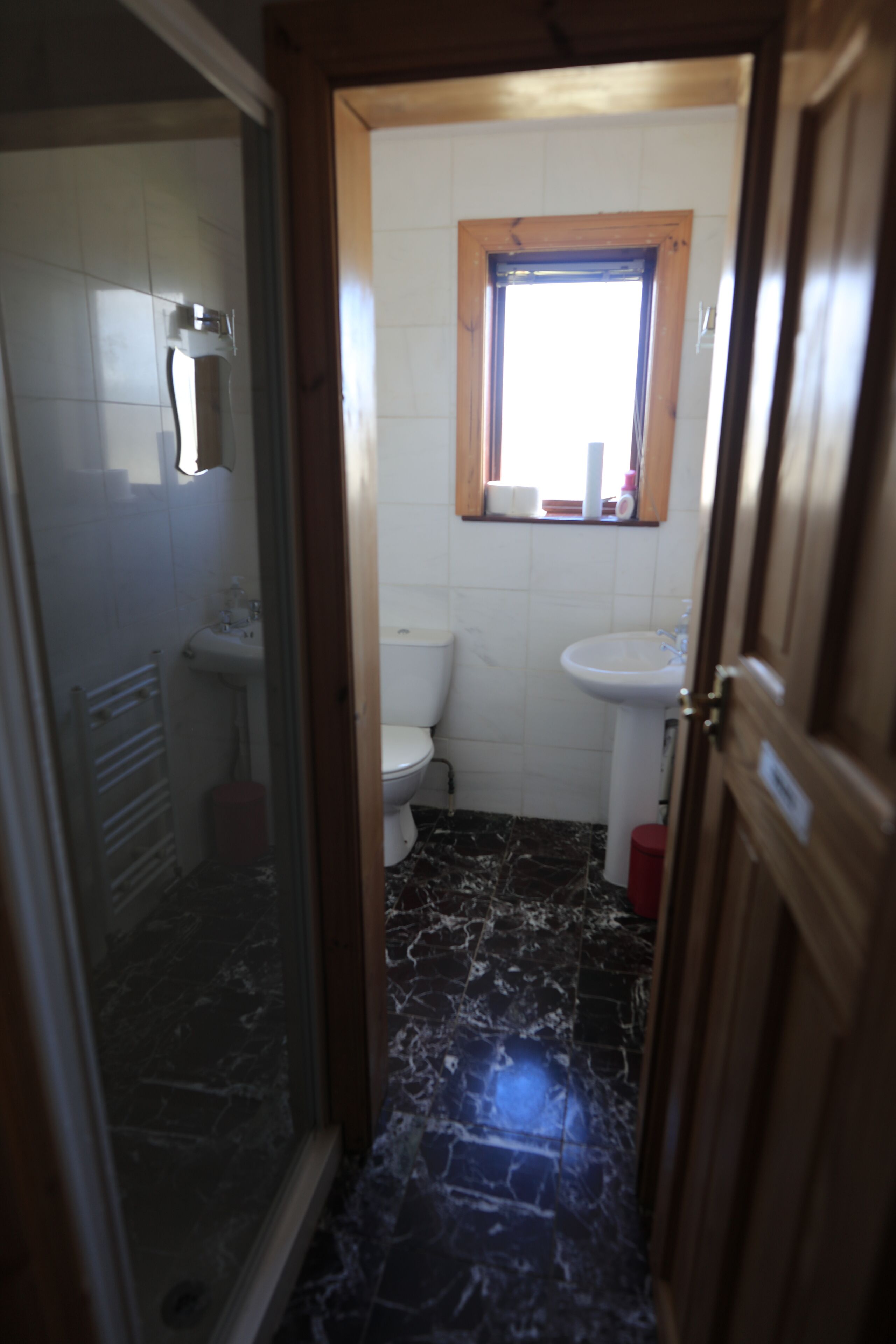A narrow bathroom with a glass shower door, a white sink, and a toilet.