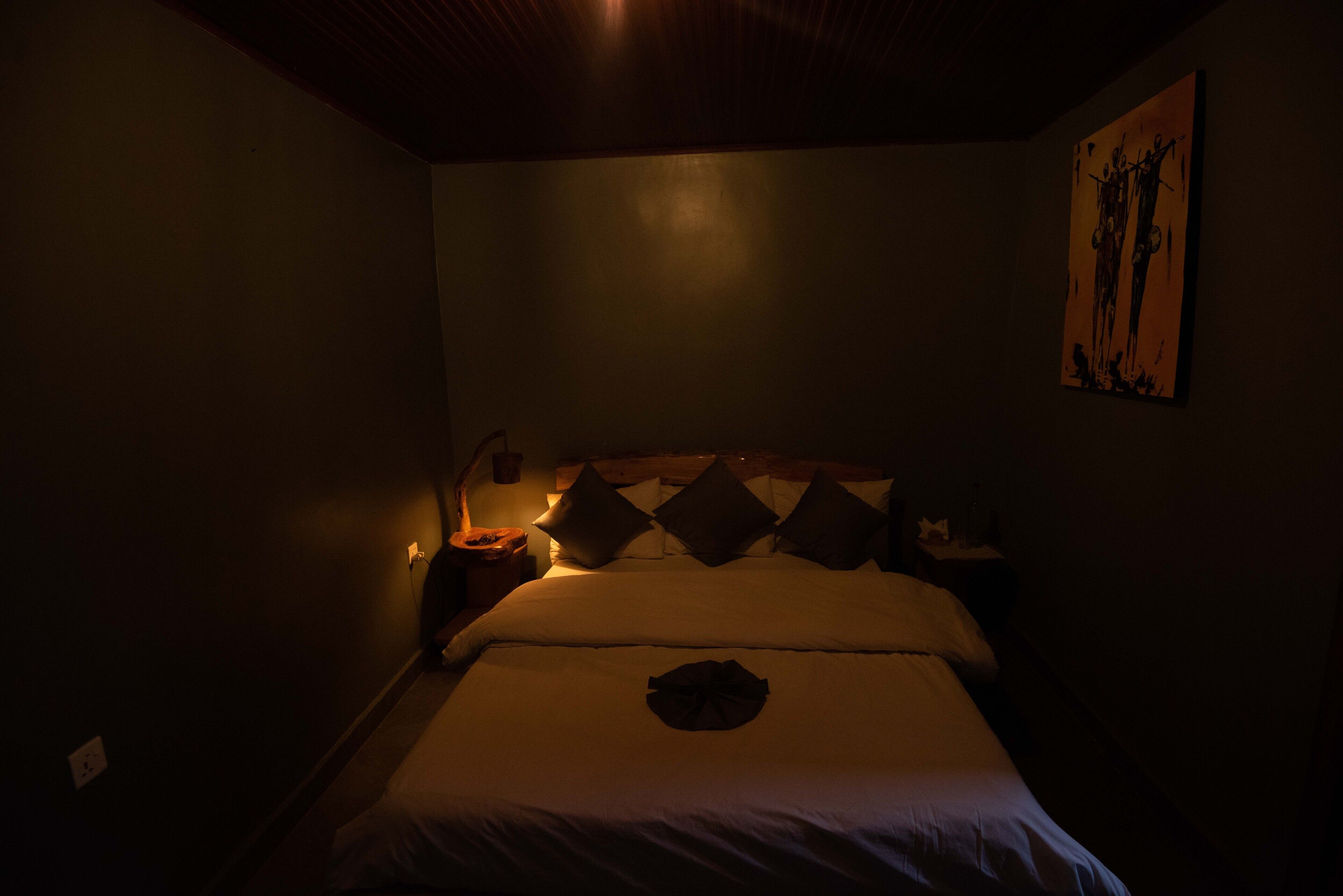 A dimly lit hotel room with a bed, pillows, a nightstand, and a wall-mounted painting.