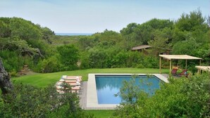 A rectangular pool with a wooden deck and lounge chairs, surrounded by lush greenery and a view of the sea.