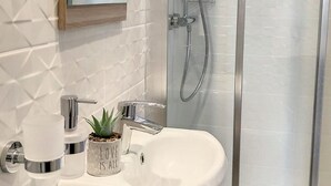 Une salle de bain moderne avec une douche à parois de verre, un lavabo blanc agrémenté d’une plante décorative et un miroir au-dessus du lavabo.