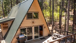 Una baita con veranda, barbecue e vista sulla foresta.
