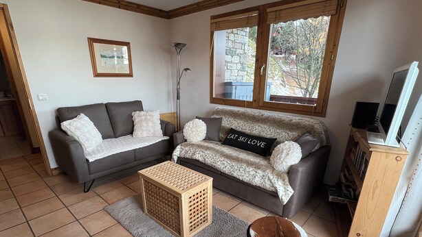 A living room with two sofas, a wooden coffee table, a small stool, a bookshelf, and a TV. - Les Granges 13, 6-8 person 50m from the slopes (Plagne Montalbert)