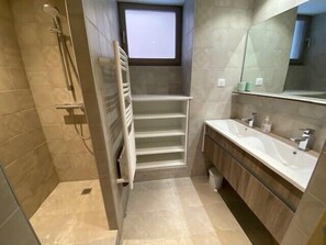 Shower, hair dryer, towels