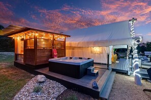 Terrace/patio - Hill Country River Yurt, Hot Tub,Kayaks, Movie Projector, Outside Projector (Marble Falls)