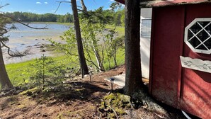 En rustik stuga med utsikt över en sjö och en skog.